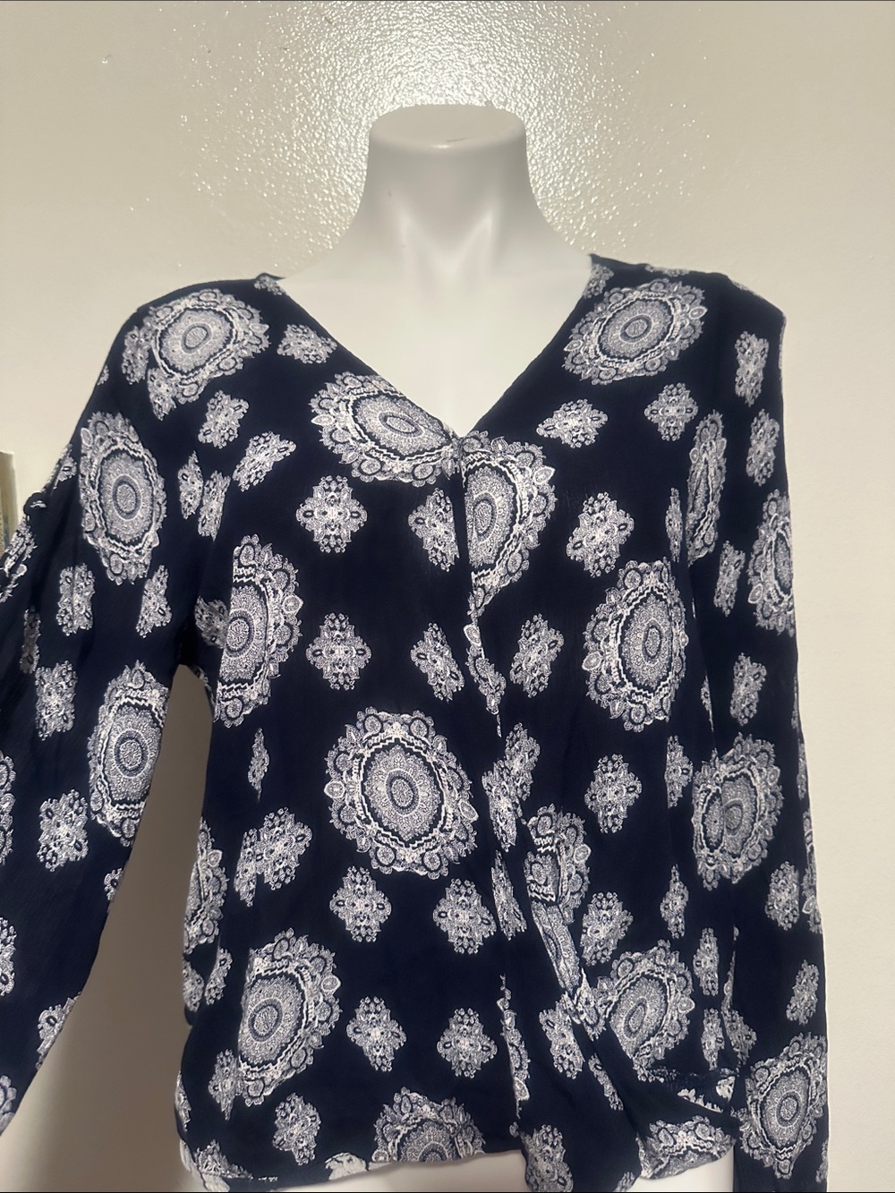 Altar'd State Navy and White Medallion Wrap Blouse